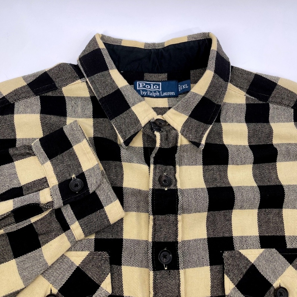 Polo Ralph Lauren Buffalo Check Flannel Shirt Mens XL Black Tan Cotton Twill
